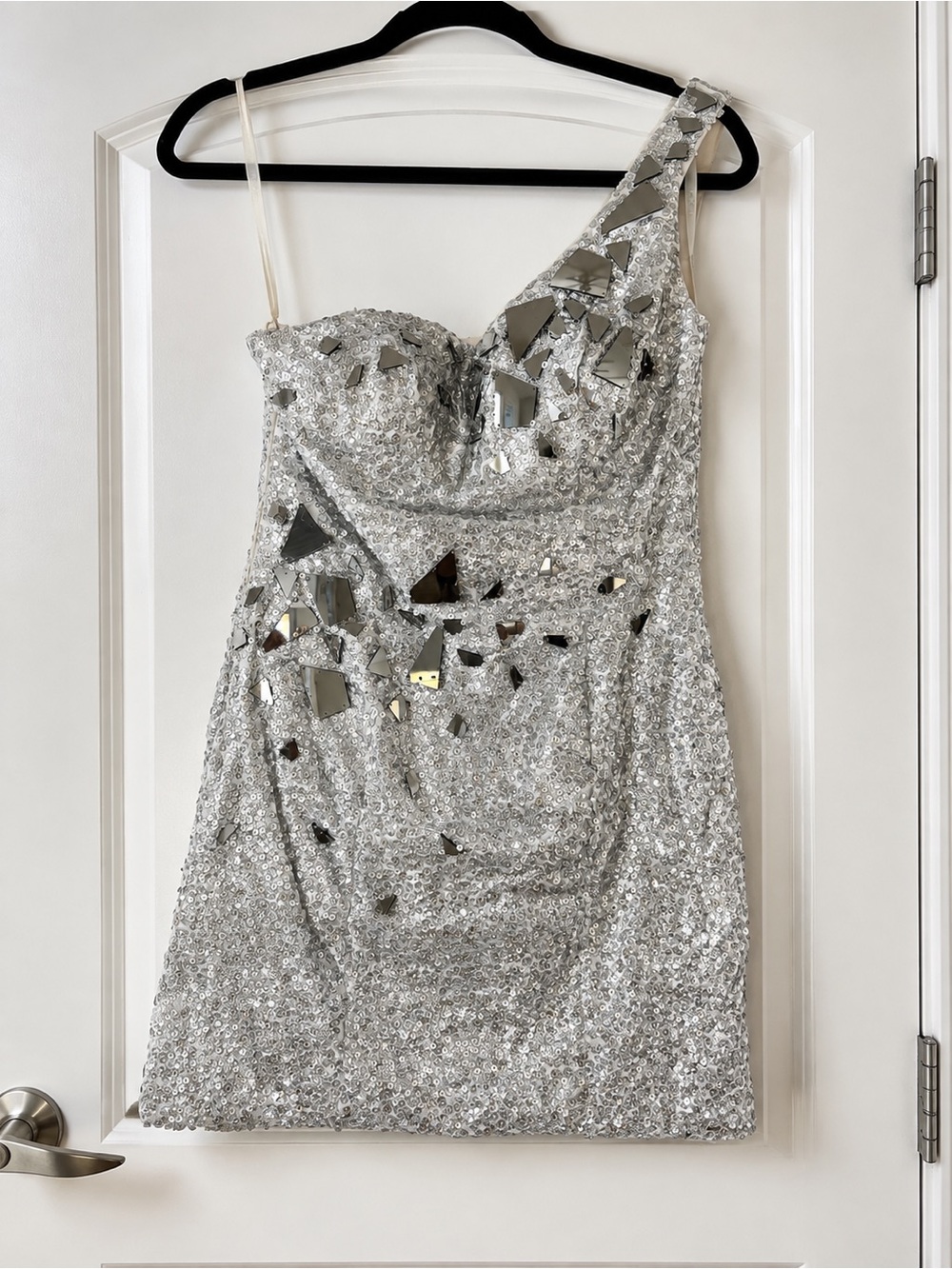 Terani Couture Silver One-Shoulder Sequin Mirror Cocktail Dress